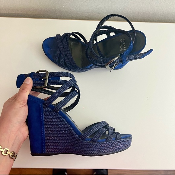 Stuart Weitzman Blue Suede Espadrille Wedges Size 8.5 - Picture 7 of 14